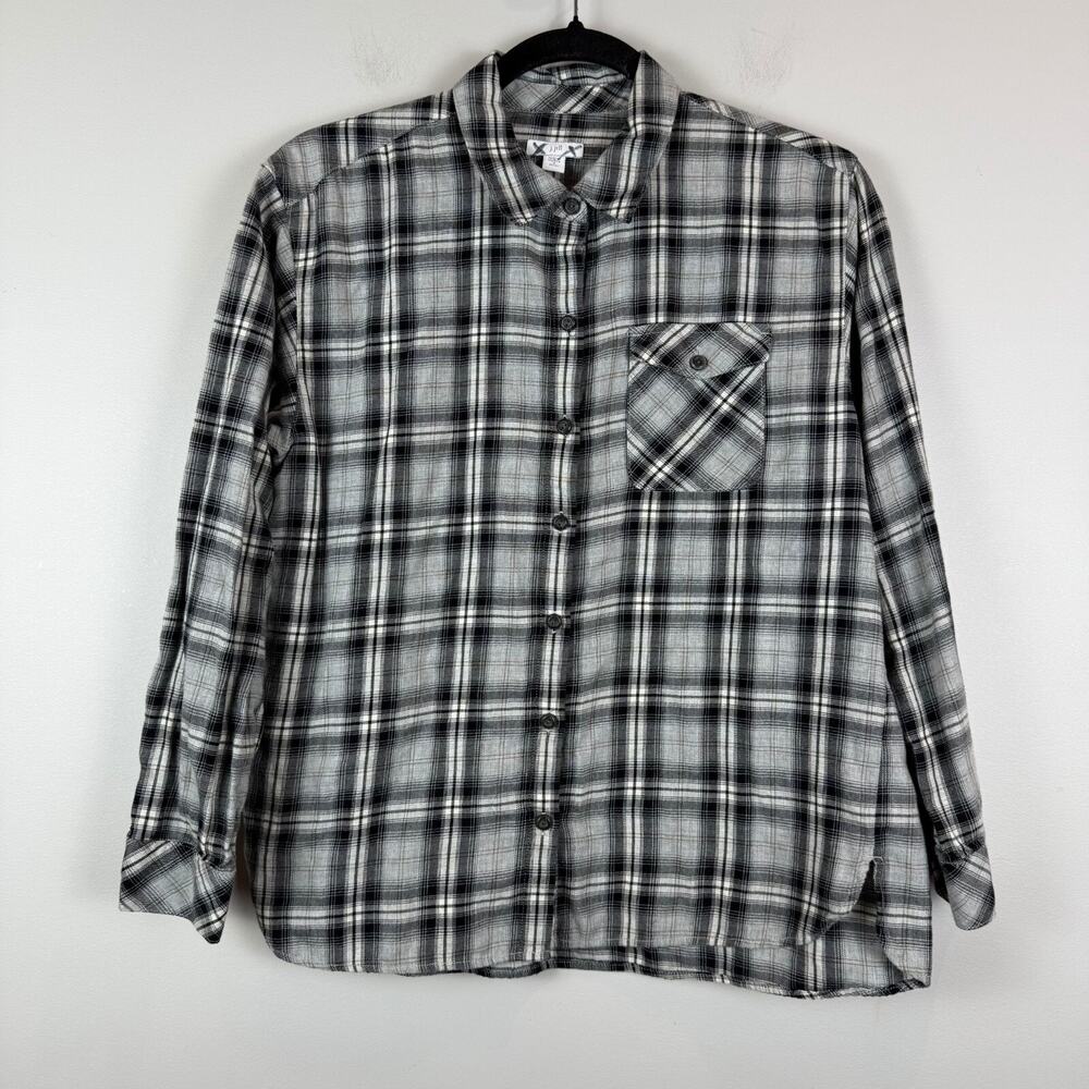 J.Jill Shirt Women's Small Petite Gray Black Plaid Long Sleeve‎ Button-Up Preppy